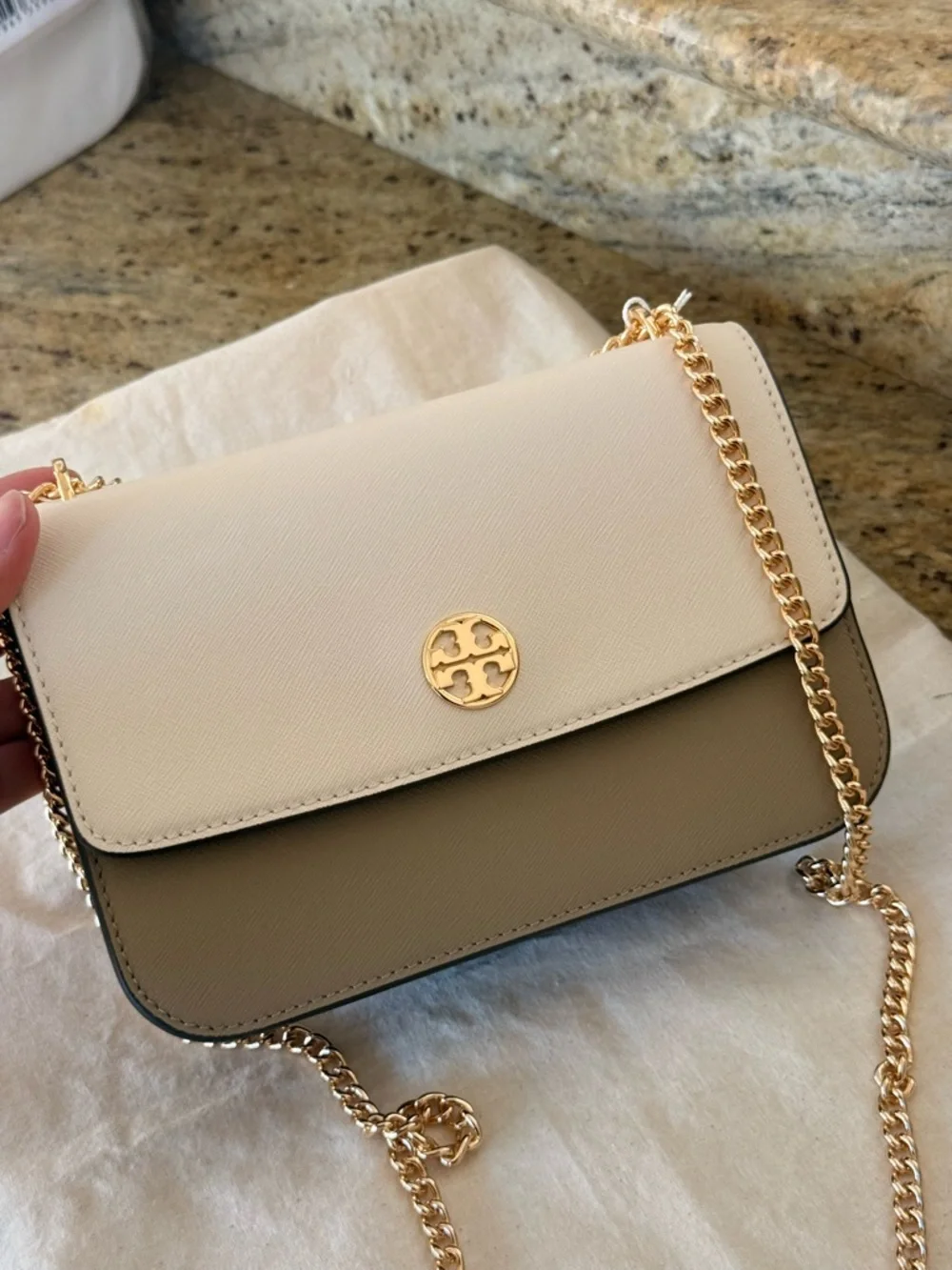 New Tory Burch COLOR-BLOCK SHOULDER BAG BRIE / ALMOND / COLD BREW
